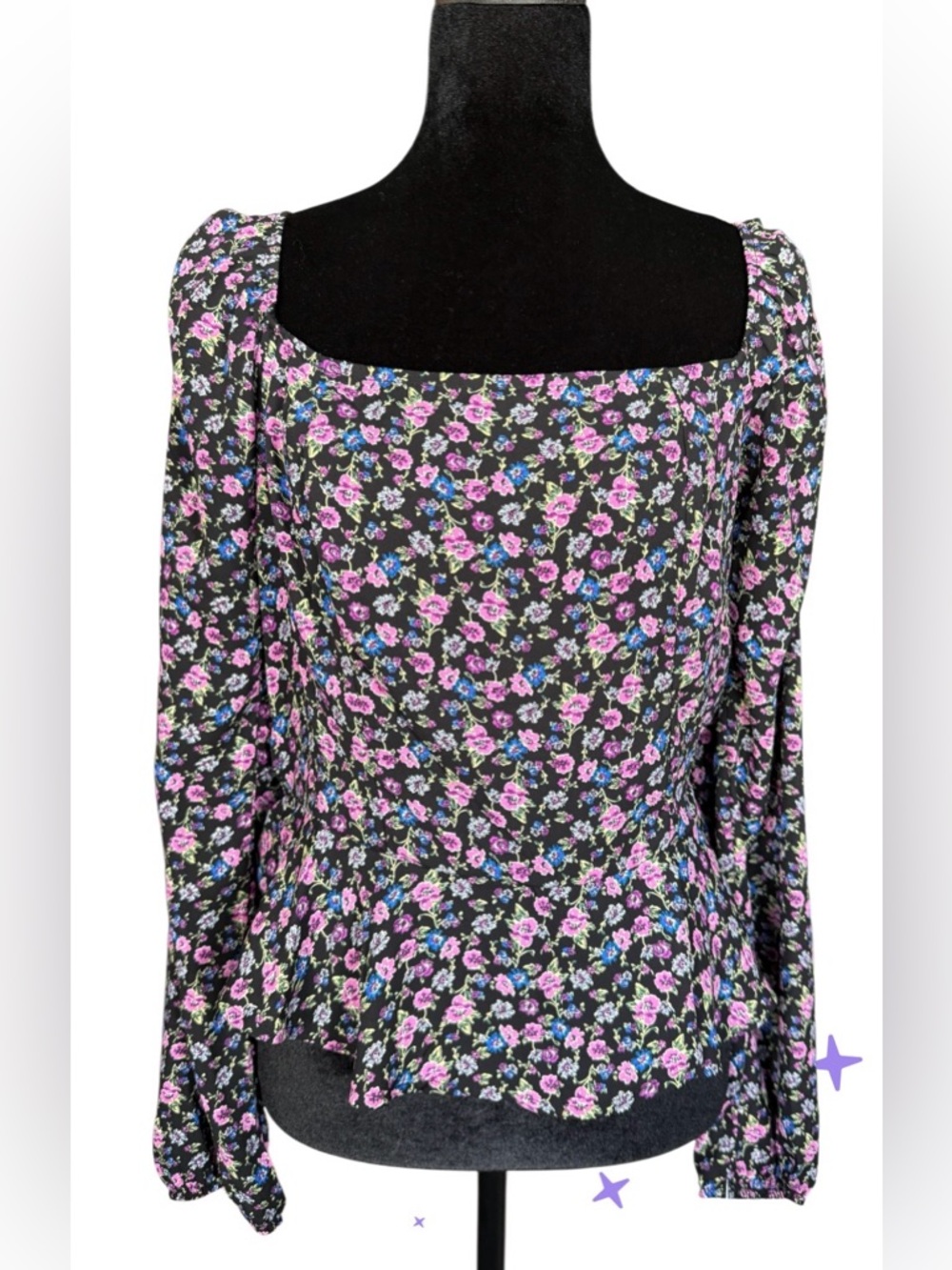 Trixxi Black Floral Square-Neck Long Sleeve Top